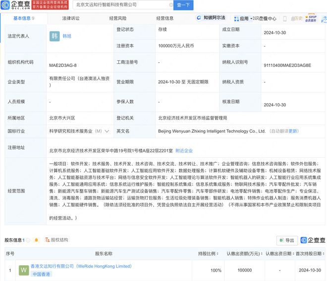 文远知行投资成立智能科技新公司