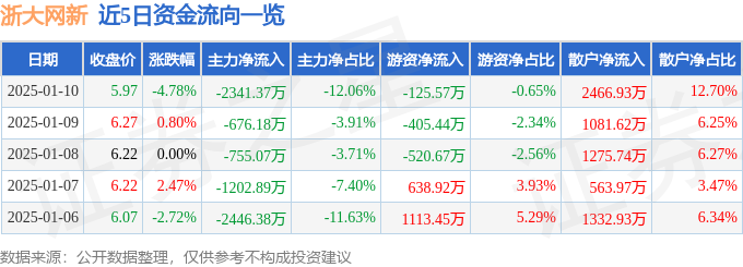 浙大网新（600797）1月10日主力资金净卖出234137万元
