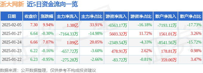浙大网新（600797）2月5日主力资金净买入138亿元