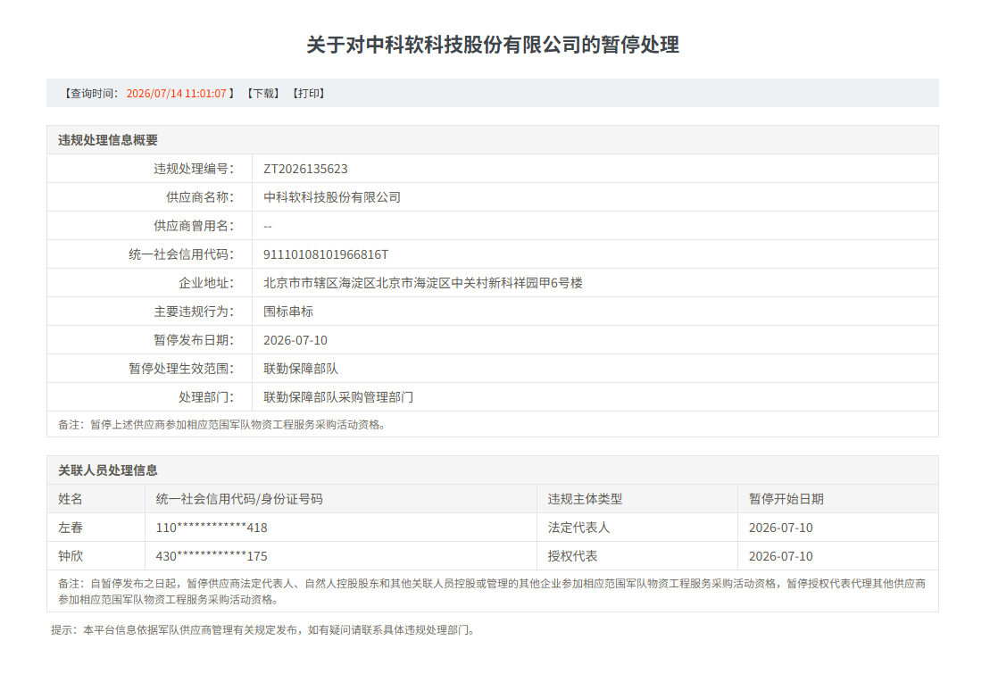 反复围标串标中科软再被暂停军采(图1)